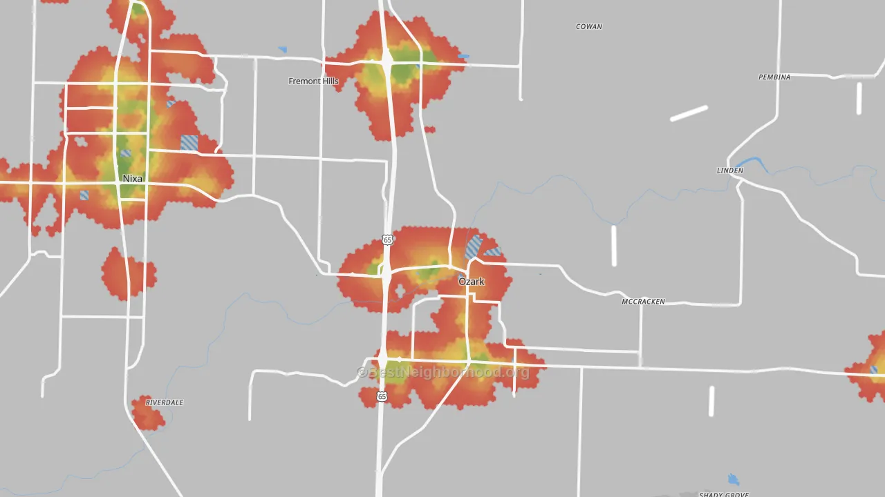 Walk Grade map of Ozark, MO, walkable areas in green and car-dependent areas in red