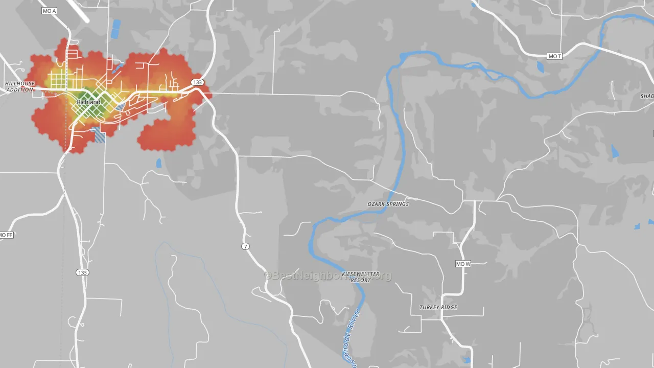 Walk Grade map of Ozark Springs, MO, walkable areas in green and car-dependent areas in red
