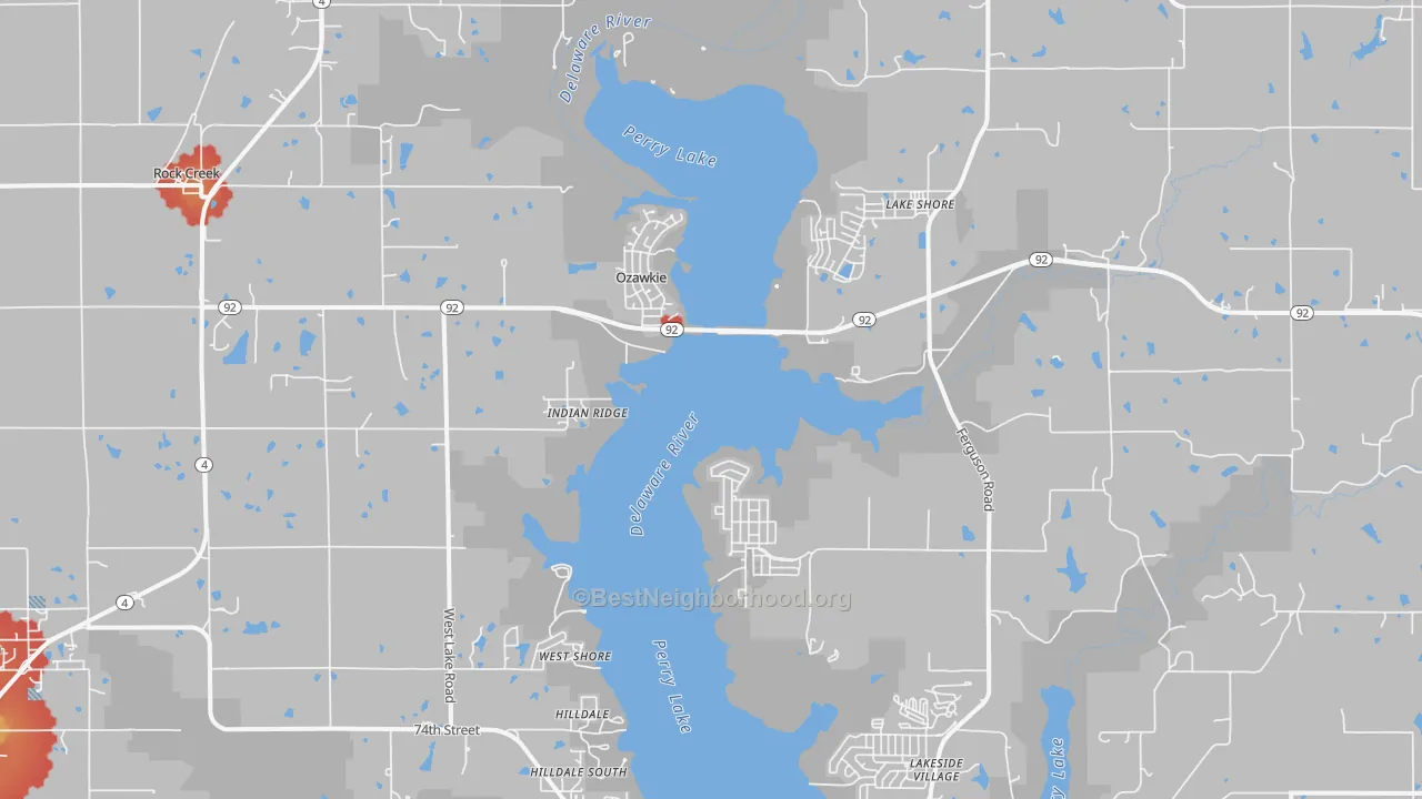 Walk Grade map of Ozawkie, KS, walkable areas in green and car-dependent areas in red