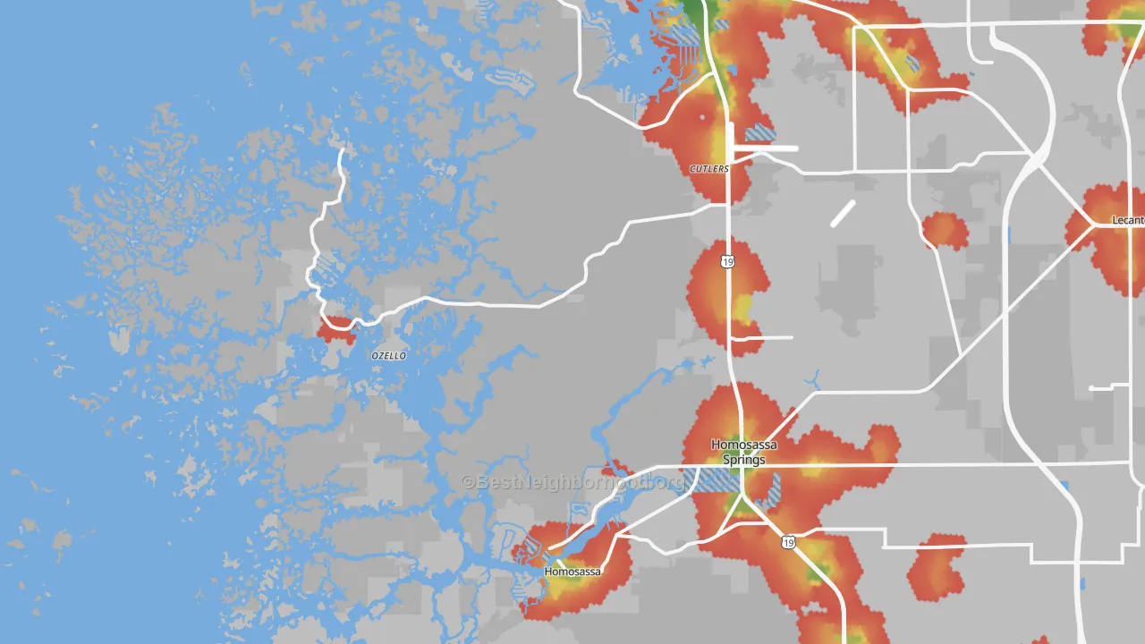 Walk Grade map of Ozello, FL, walkable areas in green and car-dependent areas in red