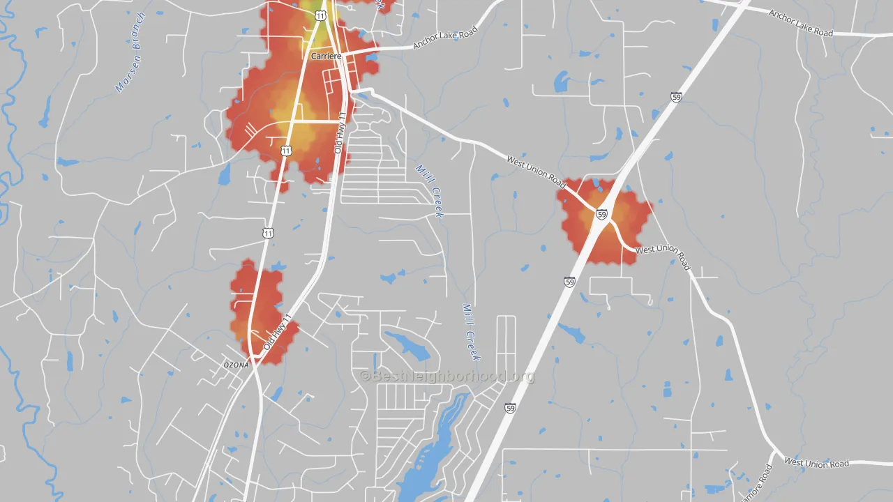 Walk Grade map of Ozona, MS, walkable areas in green and car-dependent areas in red
