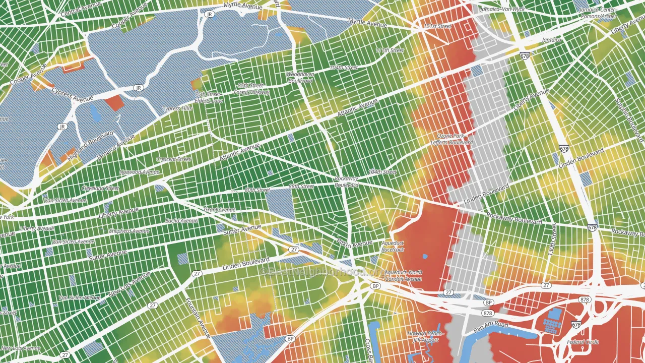 Walk Grade map of Ozone Park, Queens, NY, walkable areas in green and car-dependent areas in red