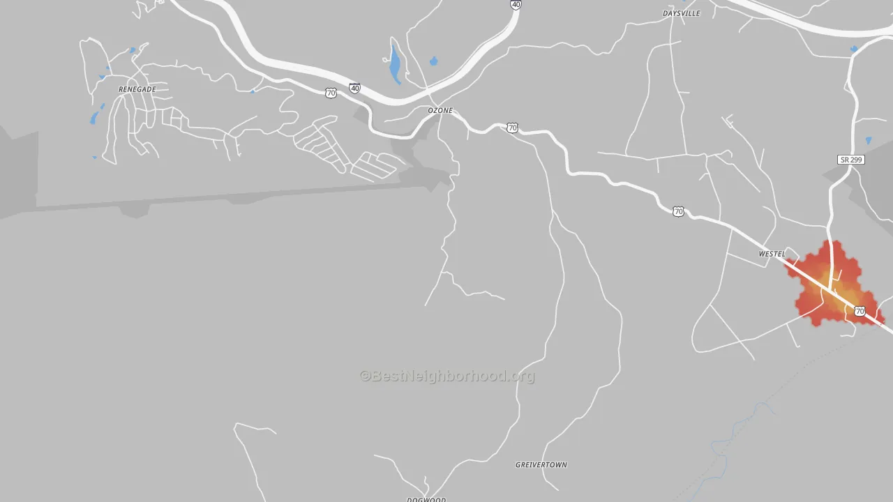 Walk Grade map of Ozone, TN, walkable areas in green and car-dependent areas in red
