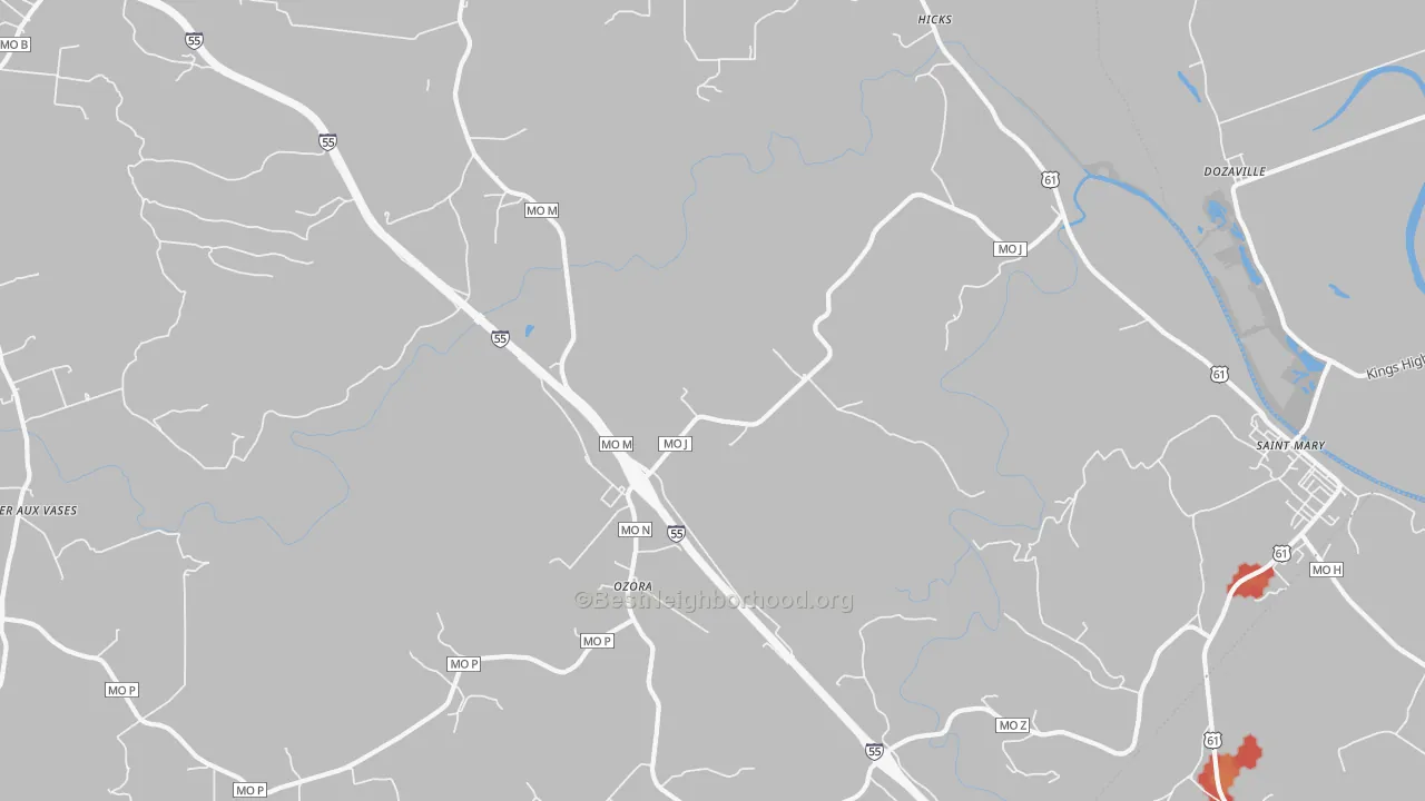 Walk Grade map of Ozora, MO, walkable areas in green and car-dependent areas in red