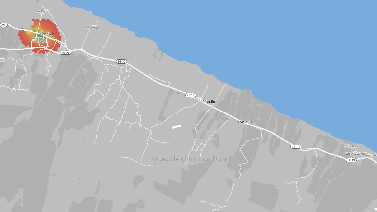 Walk Grade map of Paauilo, HI, walkable areas in green and car-dependent areas in red
