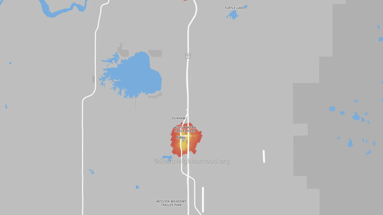 Walk Grade map of Pablo, MT, walkable areas in green and car-dependent areas in red