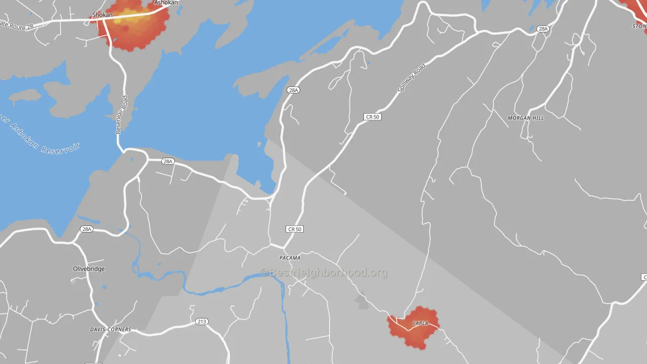 Walk Grade map of Pacama, NY, walkable areas in green and car-dependent areas in red
