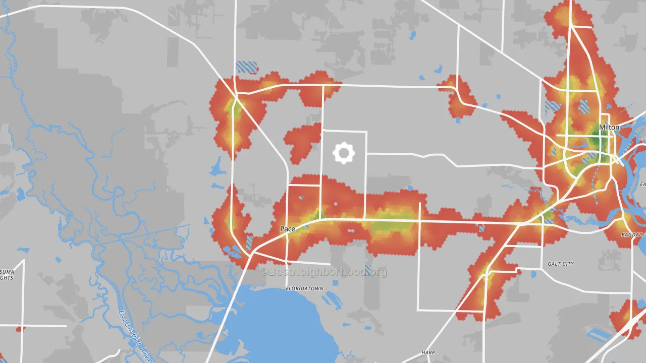Walk Grade map of Pace, FL, walkable areas in green and car-dependent areas in red