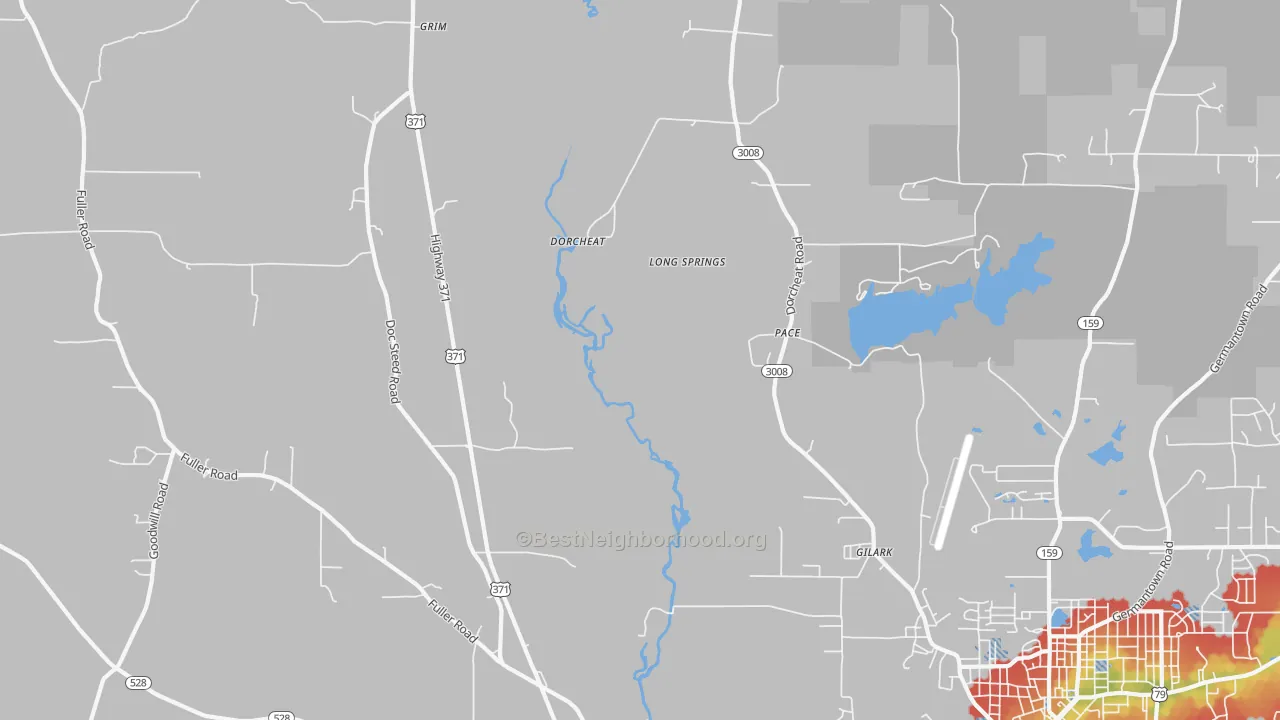 Walk Grade map of Pace, LA, walkable areas in green and car-dependent areas in red