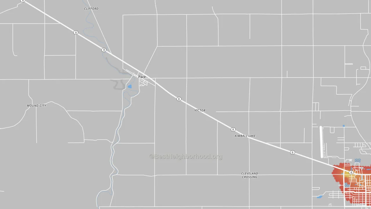 Walk Grade map of Pace, MS, walkable areas in green and car-dependent areas in red