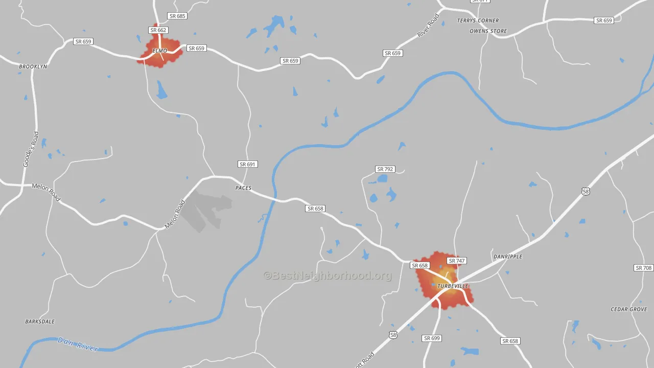 Walk Grade map of Paces, VA, walkable areas in green and car-dependent areas in red