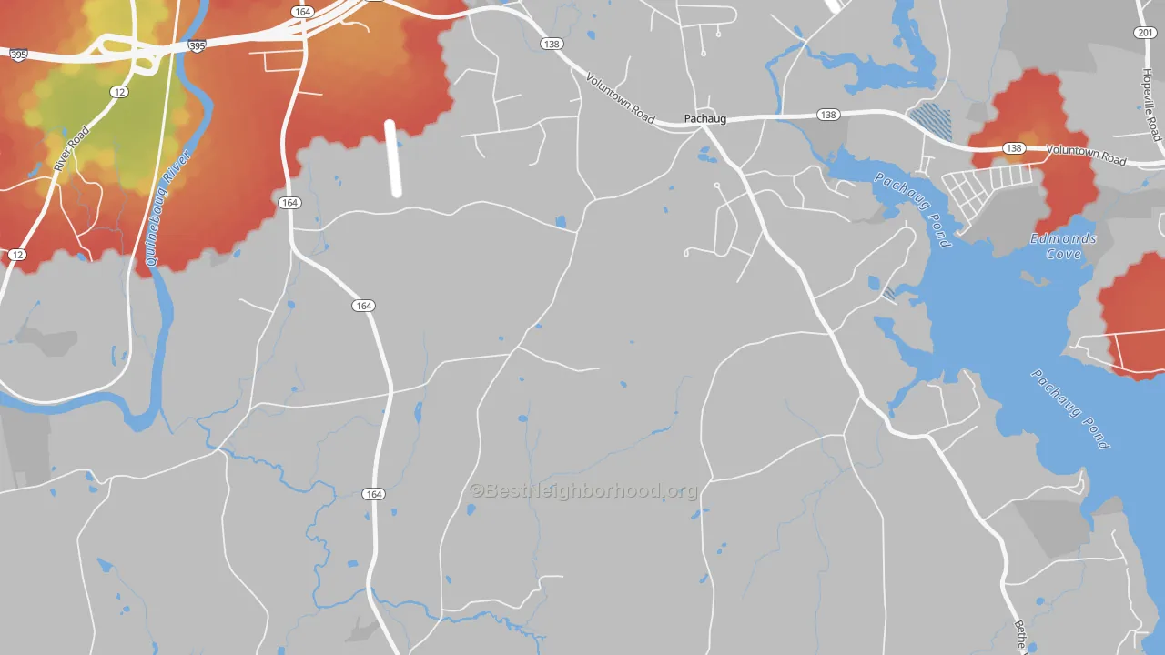 Walk Grade map of Pachaug, CT, walkable areas in green and car-dependent areas in red