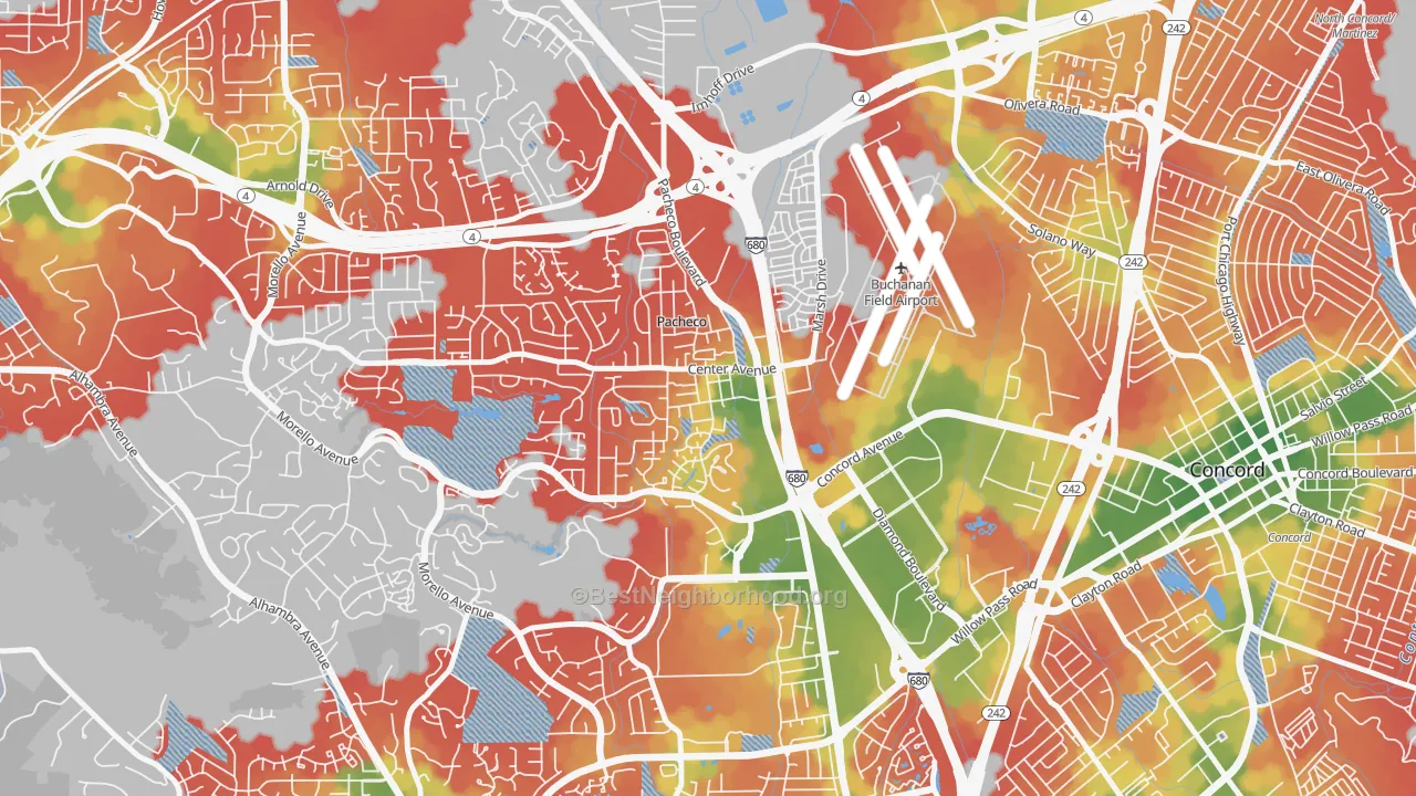 Walk Grade map of Pacheco-Martinez, Martinez, CA, walkable areas in green and car-dependent areas in red