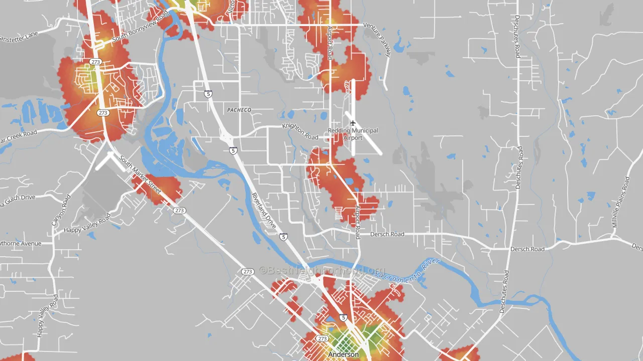 Walk Grade map of Pacheco, Redding, CA, walkable areas in green and car-dependent areas in red