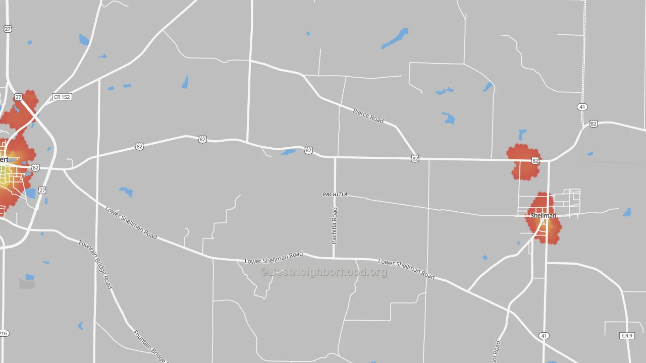Walk Grade map of Pachitla, GA, walkable areas in green and car-dependent areas in red