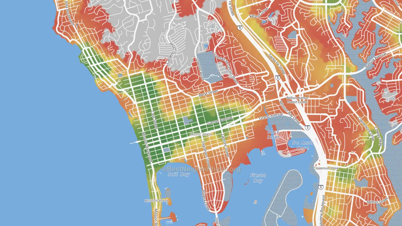 Walk Grade map of Pacific Beach, San Diego, CA, walkable areas in green and car-dependent areas in red