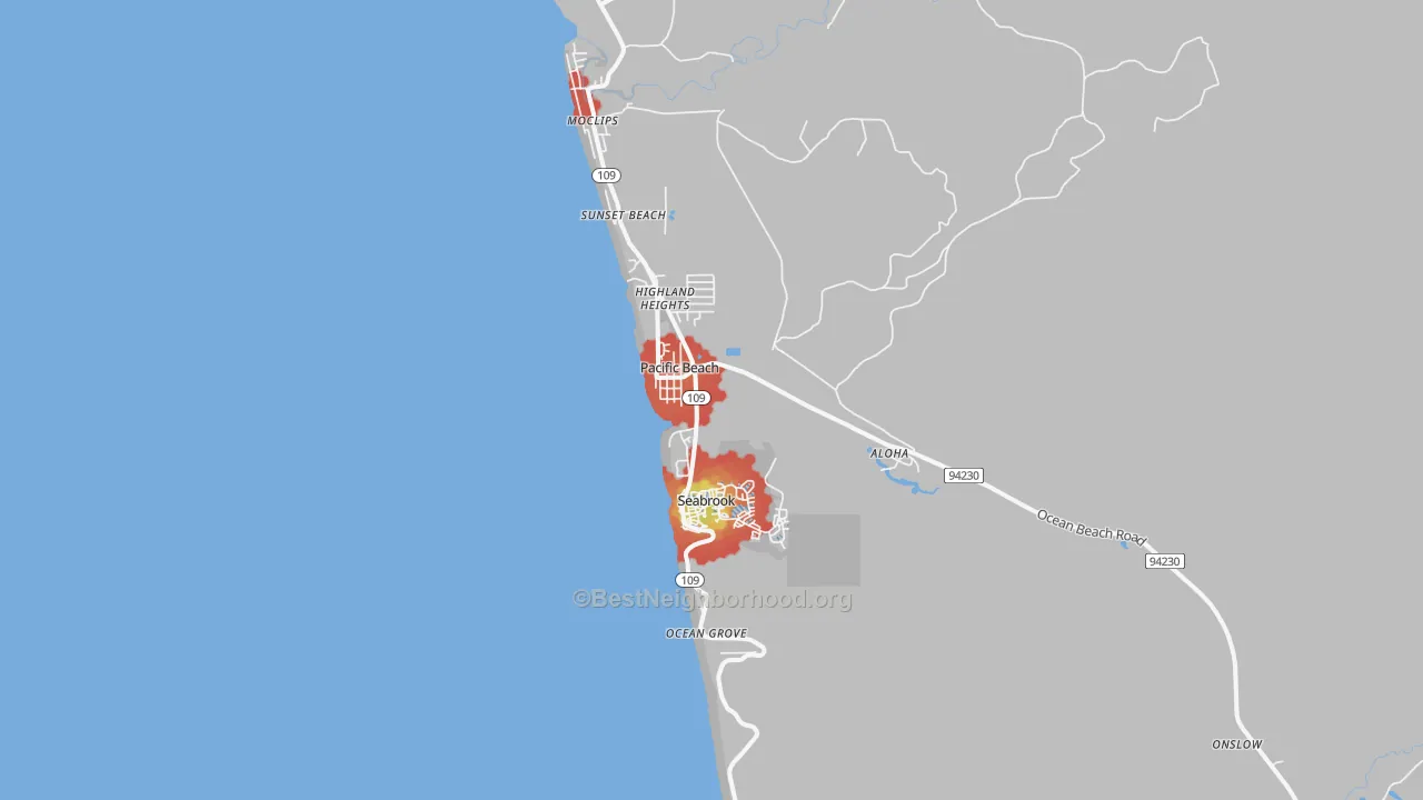 Walk Grade map of Pacific Beach, WA, walkable areas in green and car-dependent areas in red