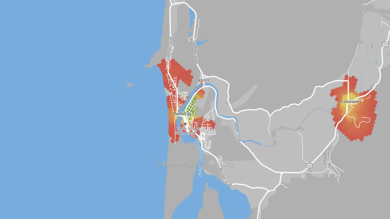 Walk Grade map of Pacific City, OR, walkable areas in green and car-dependent areas in red