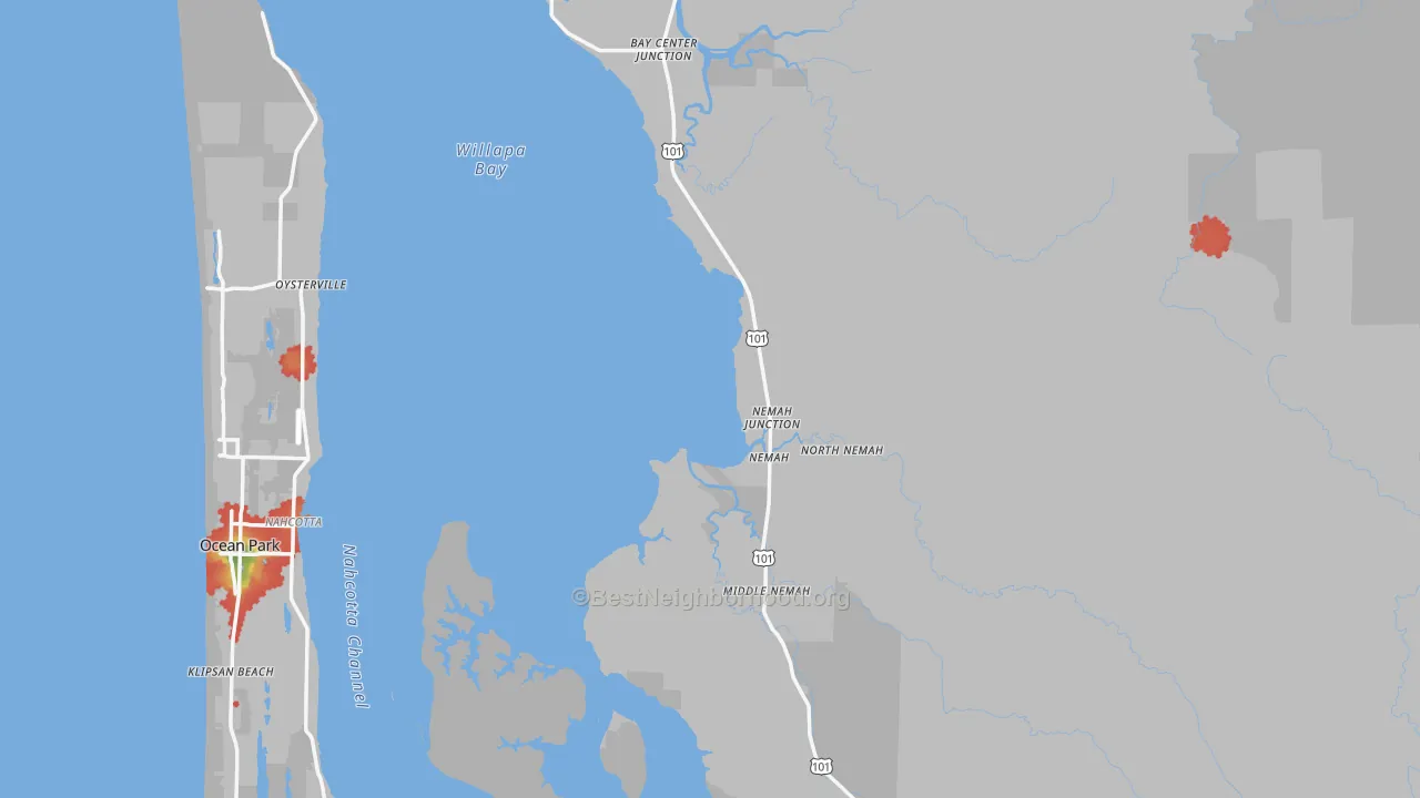 Walk Grade map of Pacific County, WA, walkable areas in green and car-dependent areas in red