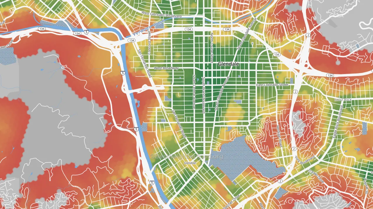 Walk Grade map of Pacific Edison, Glendale, CA, walkable areas in green and car-dependent areas in red