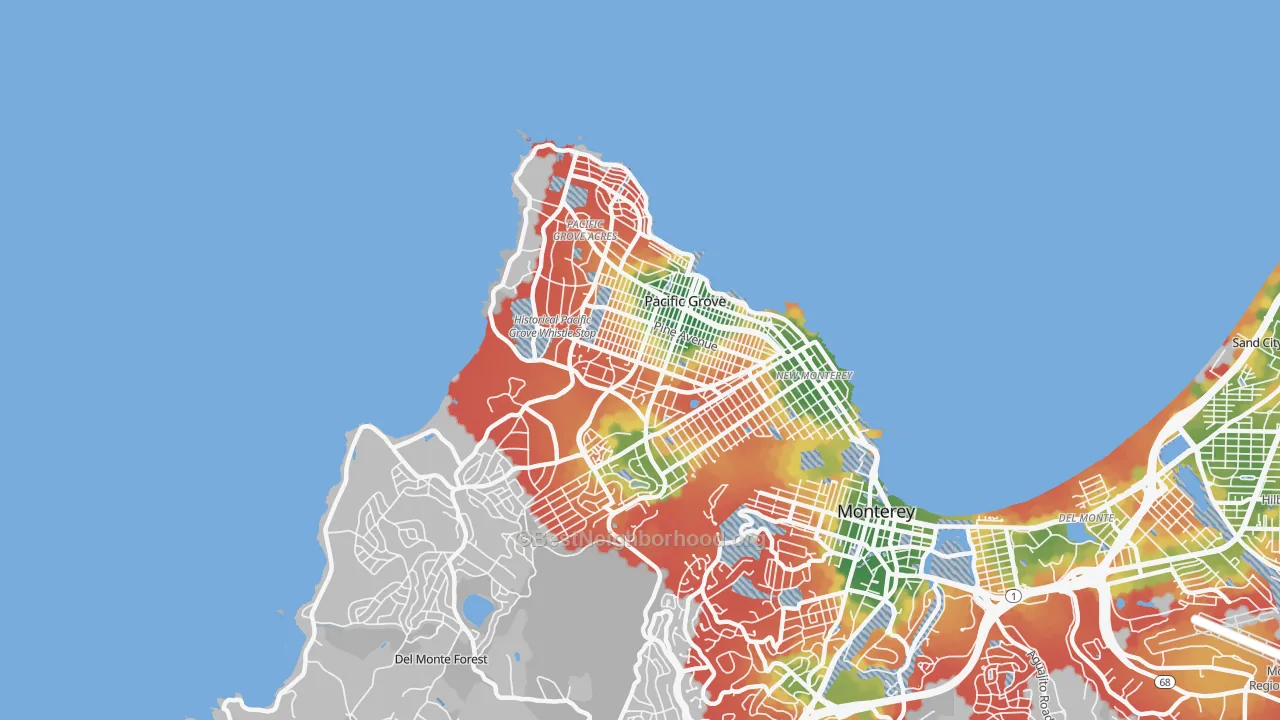 Walk Grade map of Pacific Grove, CA, walkable areas in green and car-dependent areas in red