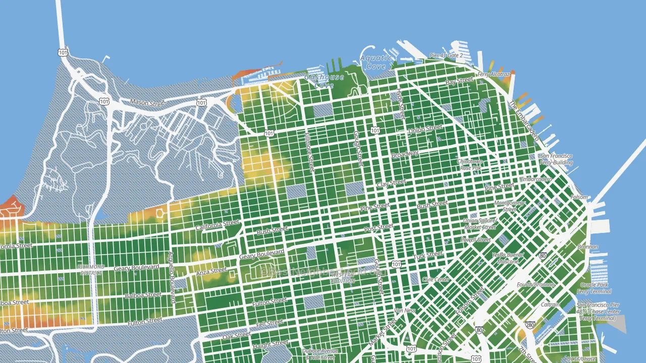 Walk Grade map of Pacific Heights, San Francisco, CA, walkable areas in green and car-dependent areas in red