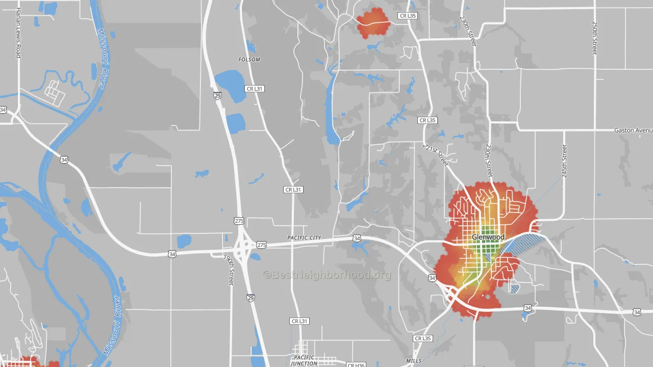 Walk Grade map of Pacific Junction, IA, walkable areas in green and car-dependent areas in red