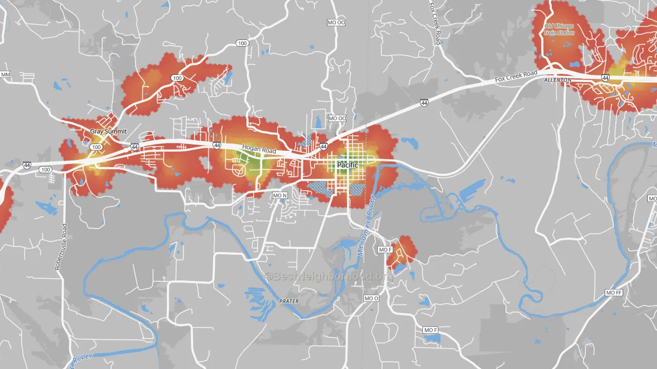Walk Grade map of Pacific, MO, walkable areas in green and car-dependent areas in red