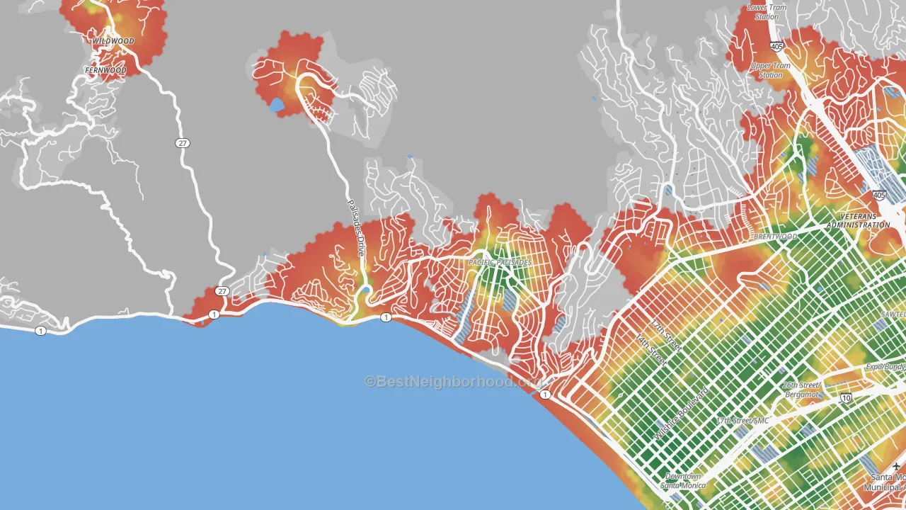 Walk Grade map of Pacific Palisades, CA, walkable areas in green and car-dependent areas in red