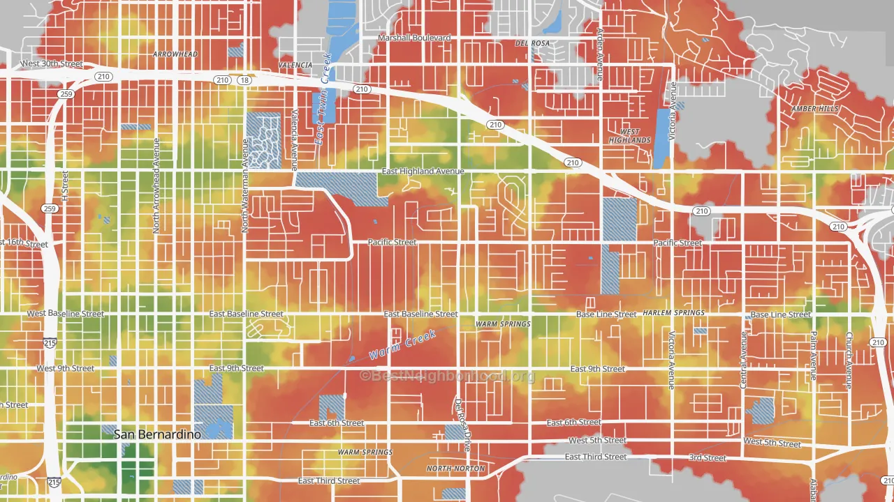 Walk Grade map of Pacific-Riverside, San Bernardino, CA, walkable areas in green and car-dependent areas in red