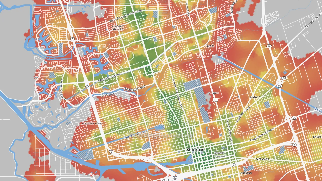Walk Grade map of Pacific, Stockton, CA, walkable areas in green and car-dependent areas in red