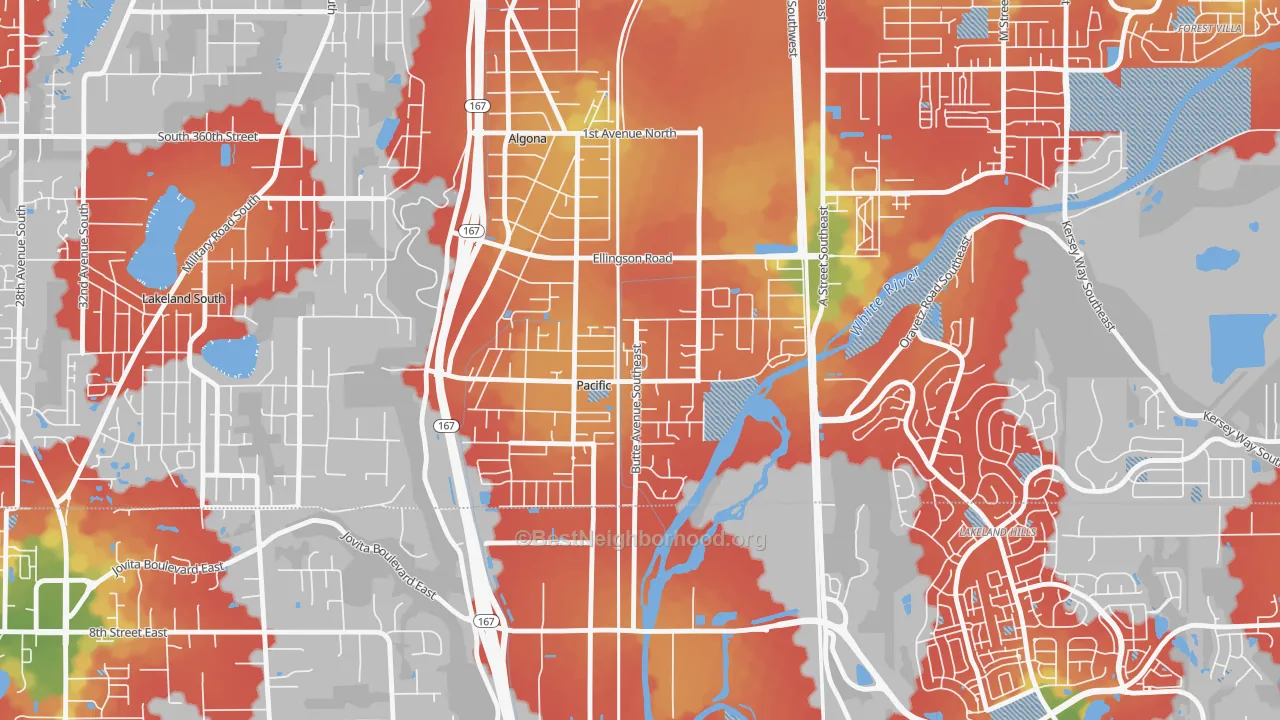 Walk Grade map of Pacific, WA, walkable areas in green and car-dependent areas in red