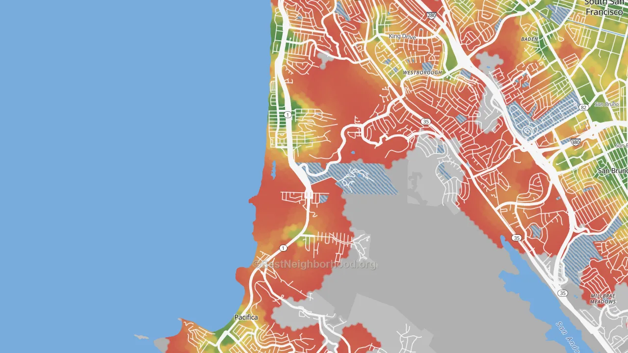 Walk Grade map of Pacifica, CA, walkable areas in green and car-dependent areas in red