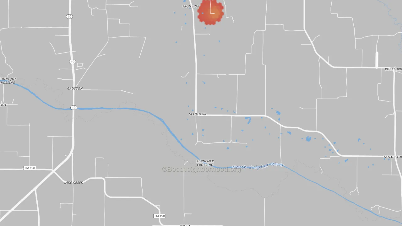 Walk Grade map of Pacio, TX, walkable areas in green and car-dependent areas in red