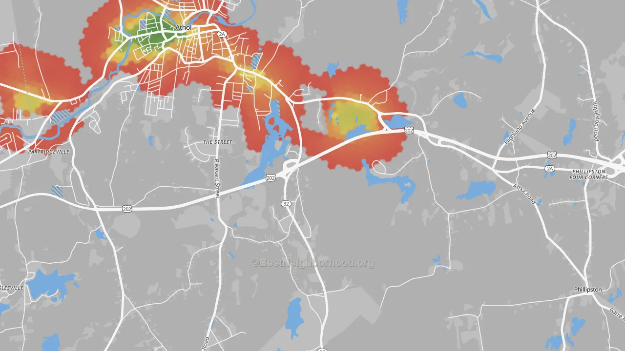 Walk Grade map of Packard Heights, MA, walkable areas in green and car-dependent areas in red