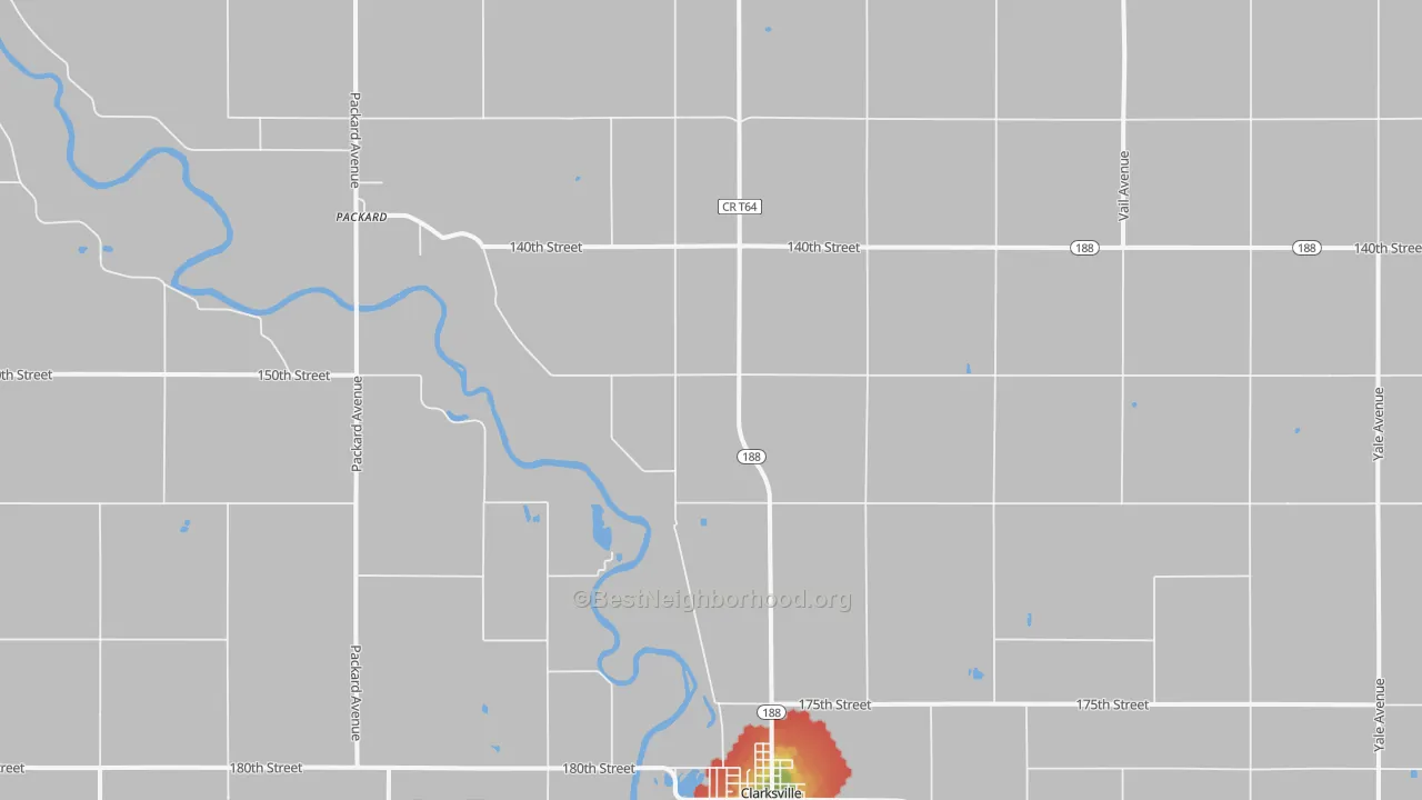 Walk Grade map of Packard, IA, walkable areas in green and car-dependent areas in red