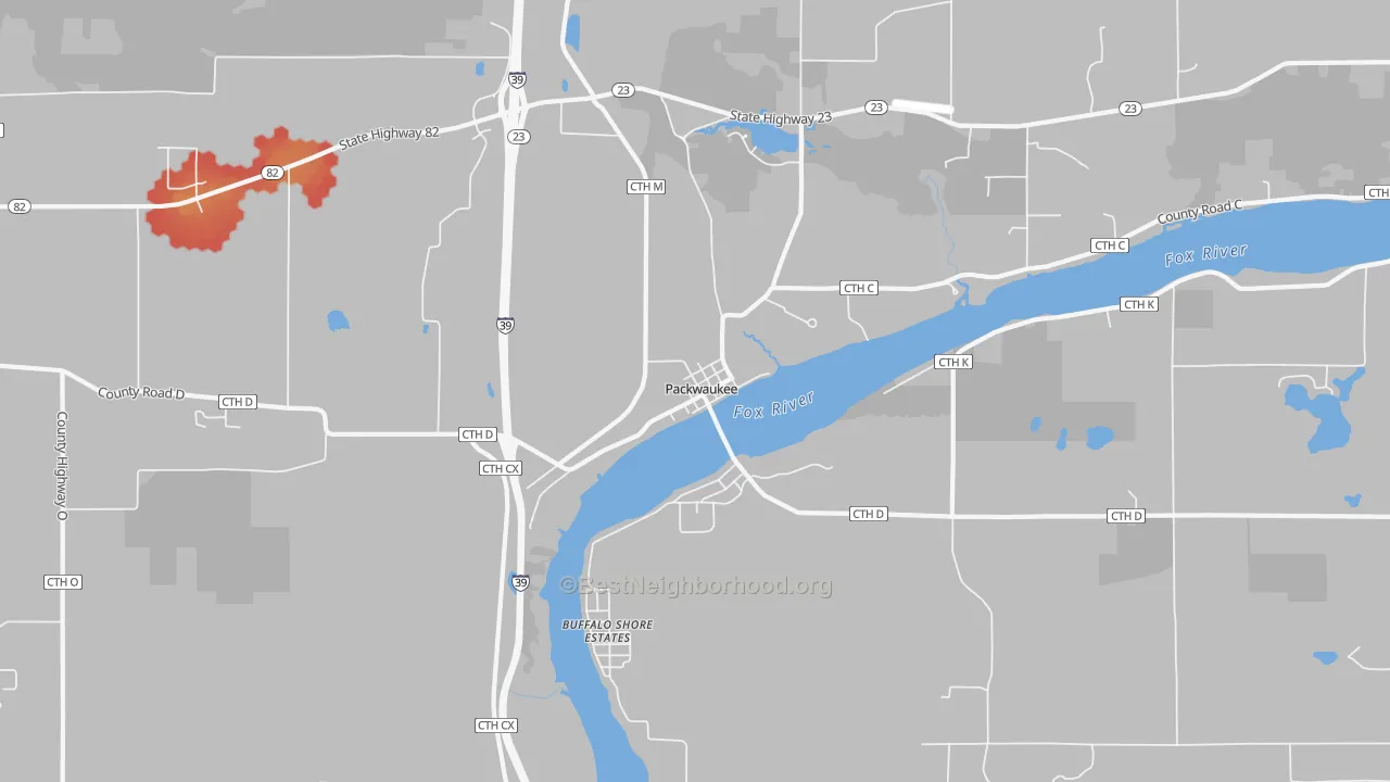 Walk Grade map of Packwaukee, WI, walkable areas in green and car-dependent areas in red
