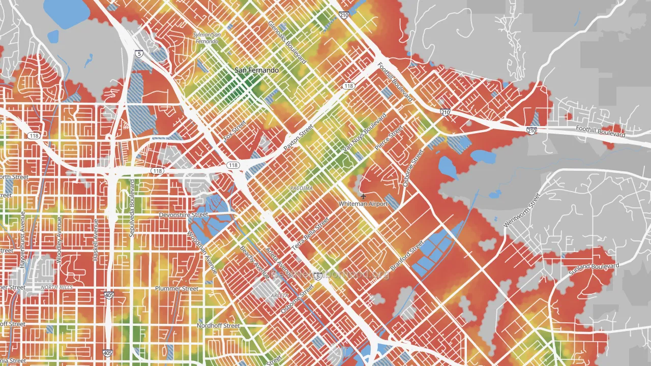 Walk Grade map of Pacoima, CA, walkable areas in green and car-dependent areas in red