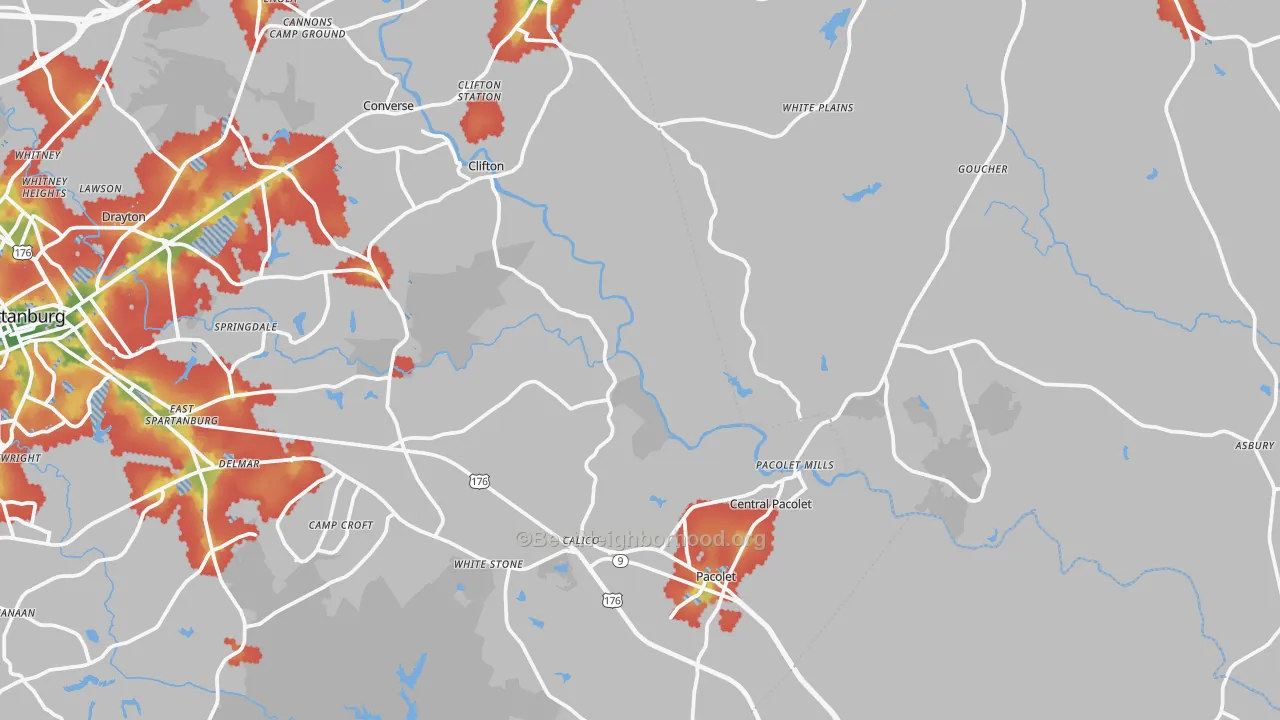 Walk Grade map of Pacolet Mills, SC, walkable areas in green and car-dependent areas in red