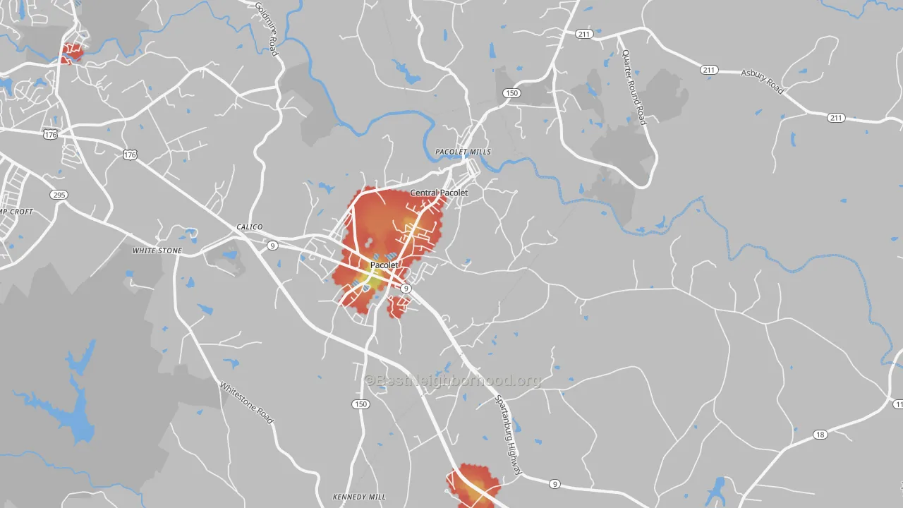 Walk Grade map of Pacolet, SC, walkable areas in green and car-dependent areas in red