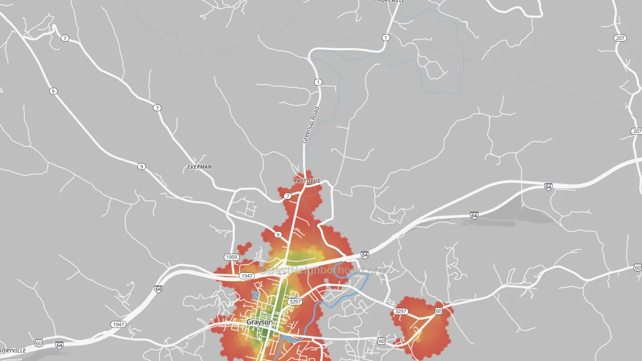 Walk Grade map of Pactolus, KY, walkable areas in green and car-dependent areas in red