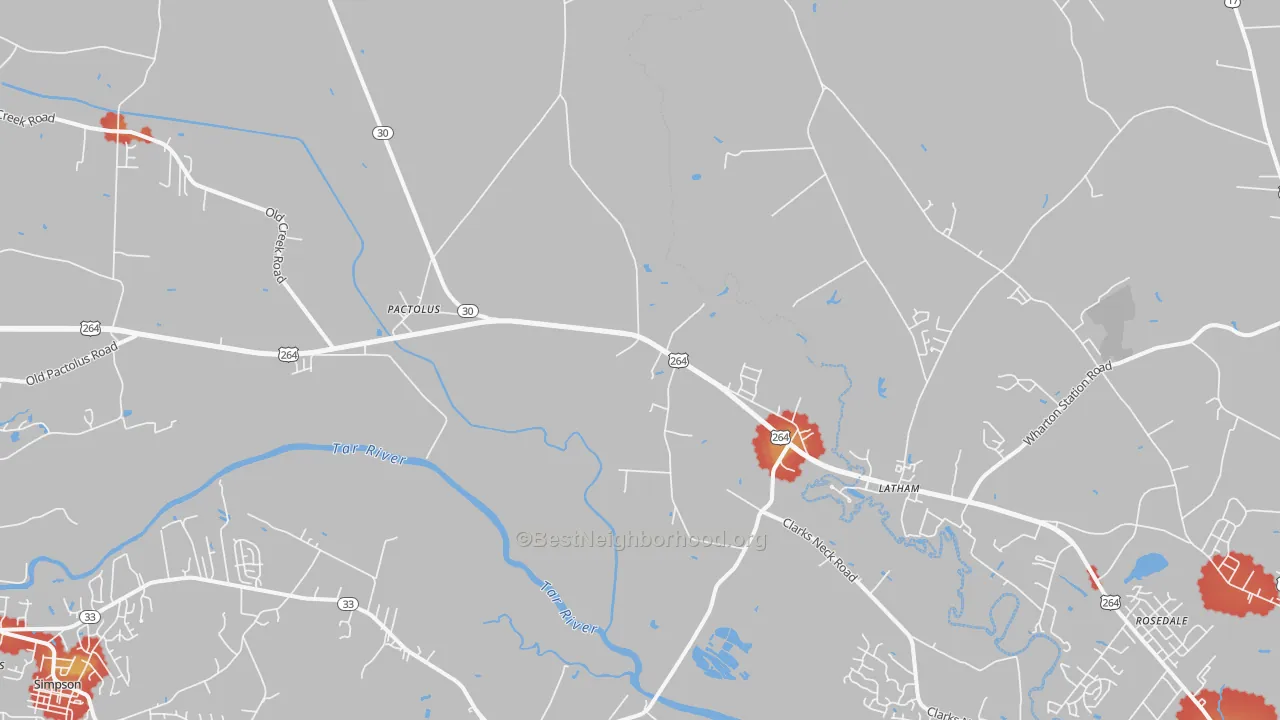 Walk Grade map of Pactolus, NC, walkable areas in green and car-dependent areas in red