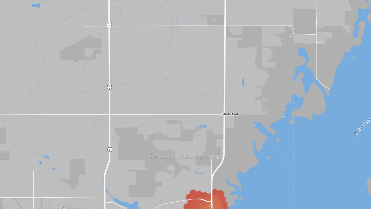 Walk Grade map of Padanaram, OH, walkable areas in green and car-dependent areas in red