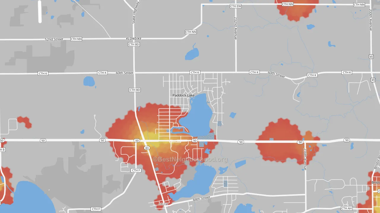 Walk Grade map of Paddock Lake, WI, walkable areas in green and car-dependent areas in red