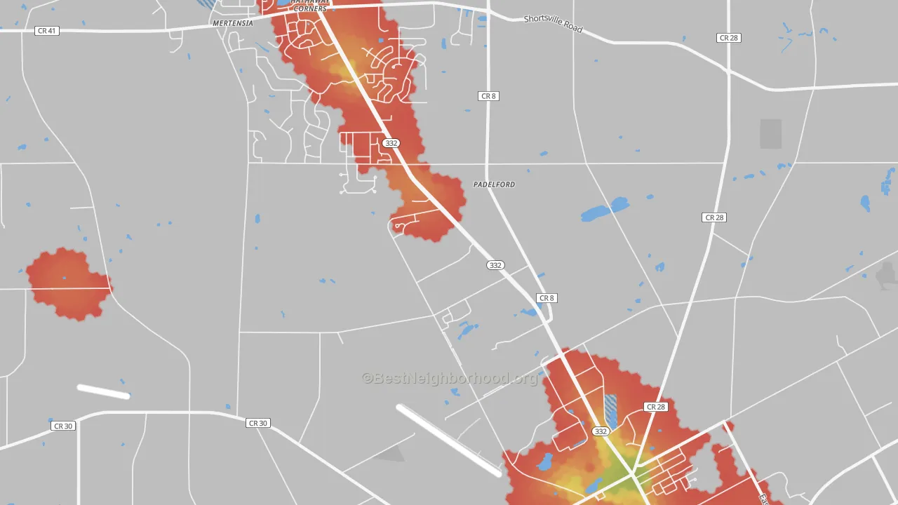 Walk Grade map of Padelford, NY, walkable areas in green and car-dependent areas in red