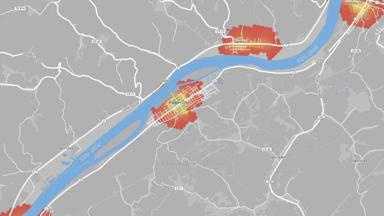 Walk Grade map of Paden City, WV, walkable areas in green and car-dependent areas in red