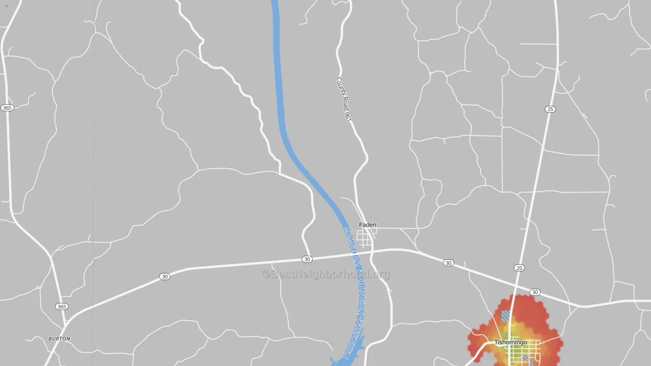 Walk Grade map of Paden, MS, walkable areas in green and car-dependent areas in red
