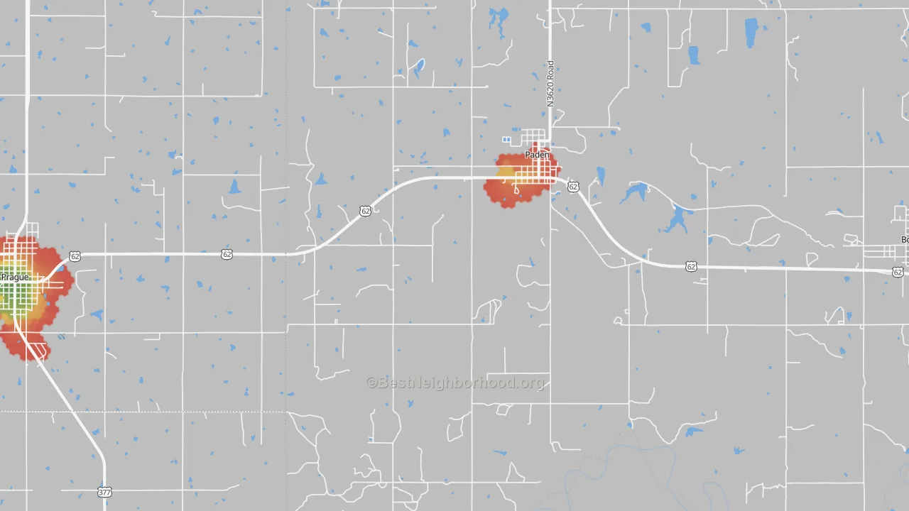 Walk Grade map of Paden, OK, walkable areas in green and car-dependent areas in red