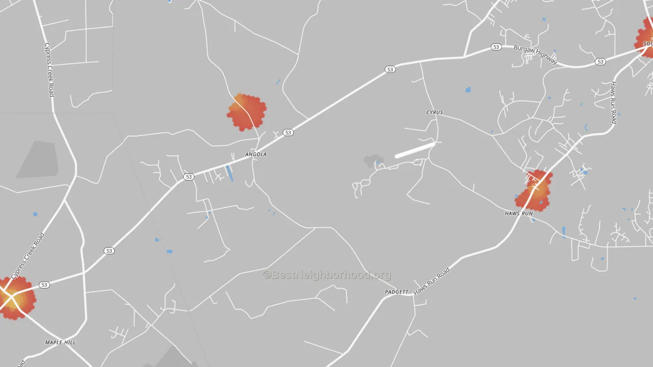 Walk Grade map of Padgett, NC, walkable areas in green and car-dependent areas in red