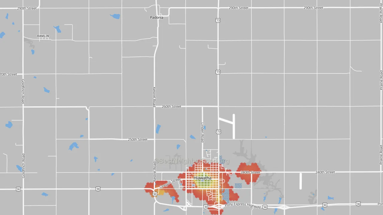 Walk Grade map of Padonia, KS, walkable areas in green and car-dependent areas in red